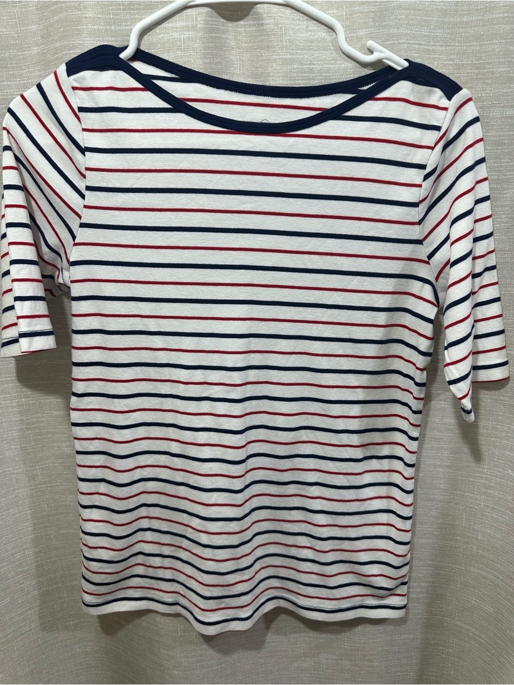 St. John's Bay White Tee with Navy & Red Stripes